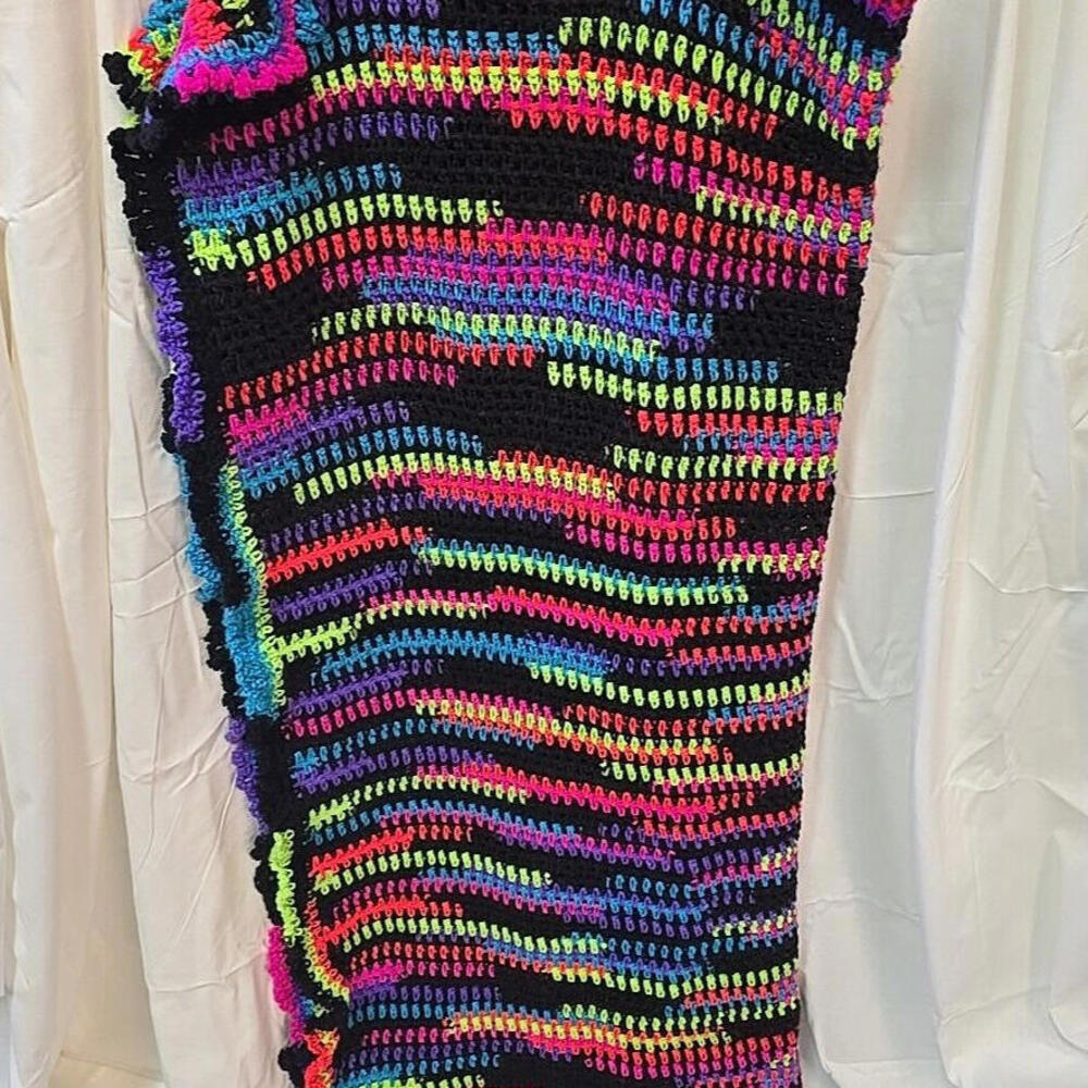 Handmade Afghan Neon Stripe Boho 80's Crochet Blanket, 55" X 49" - Picture 8 of 9